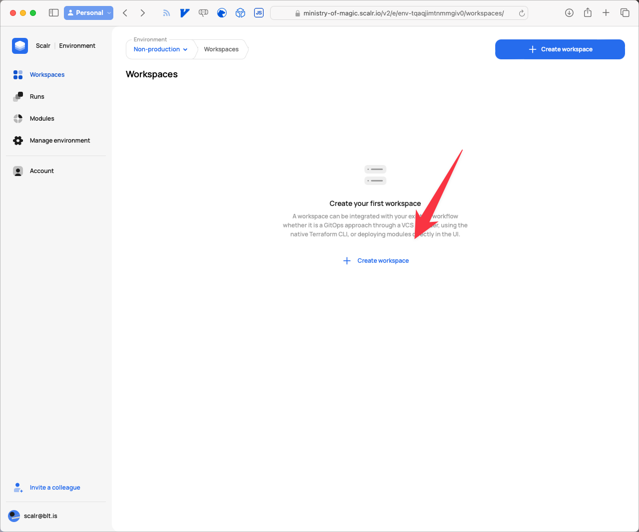 Empty State of the Workspace Dashboard in Scalr
