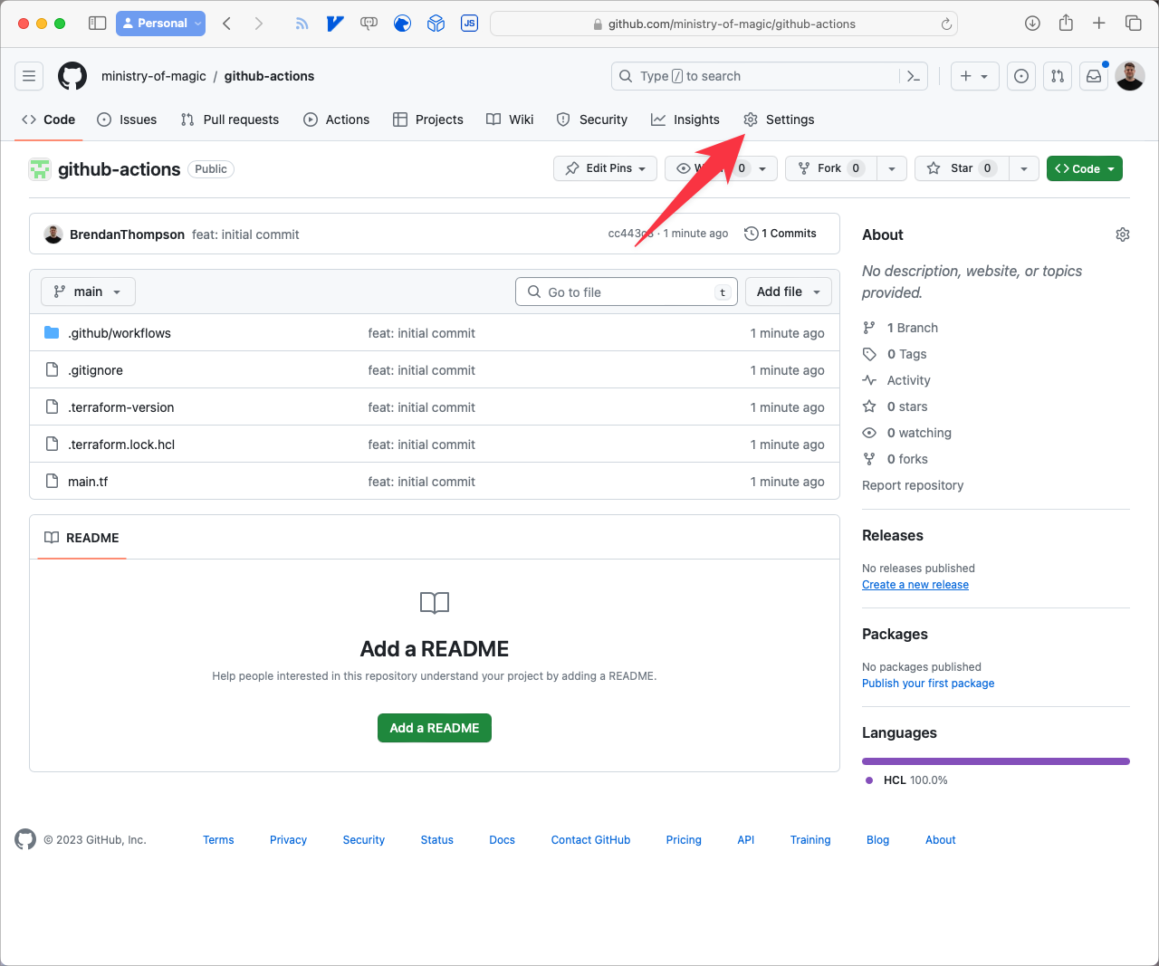 Navigating to the setting page in github