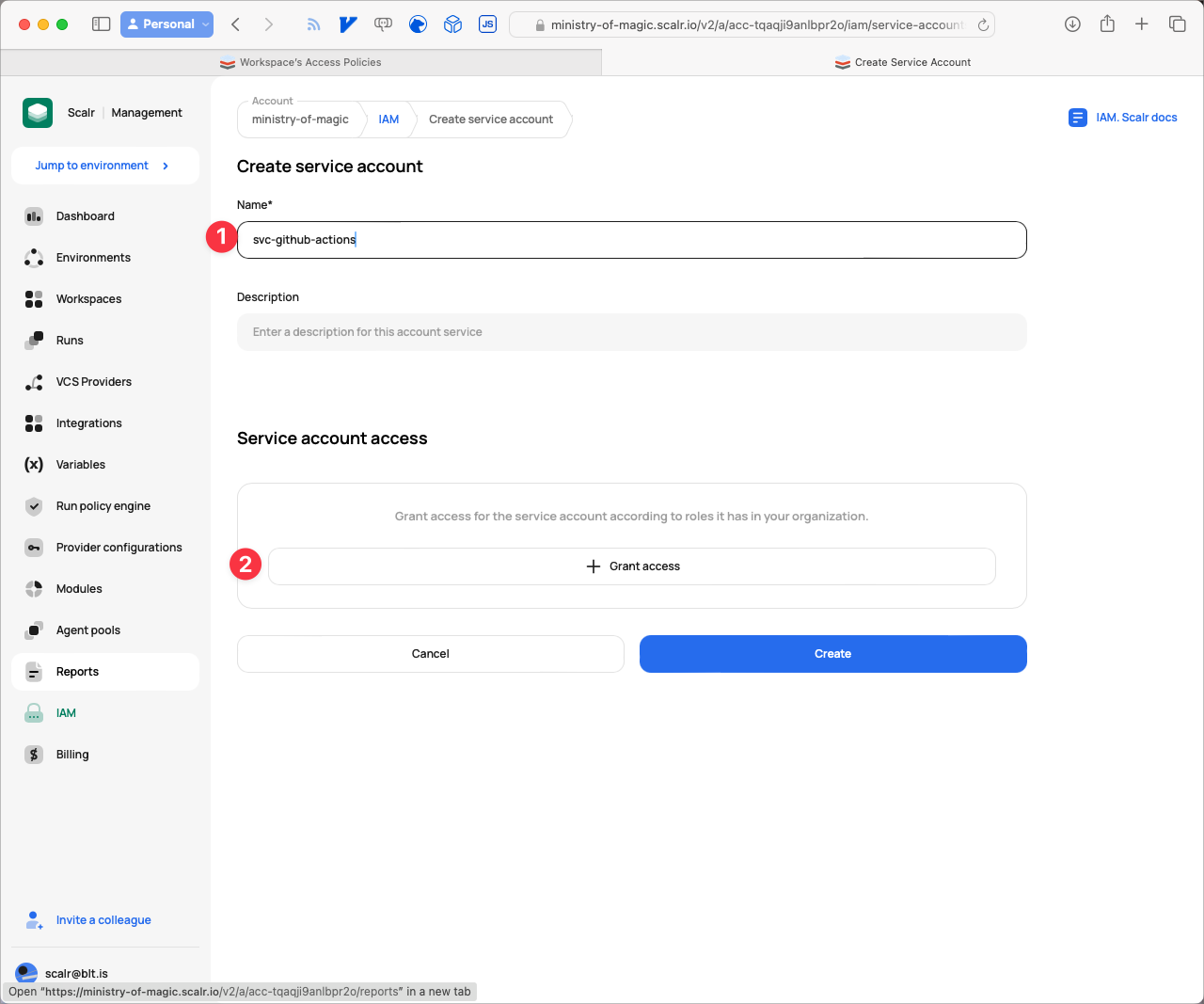 Granting access to the service account in Scalr