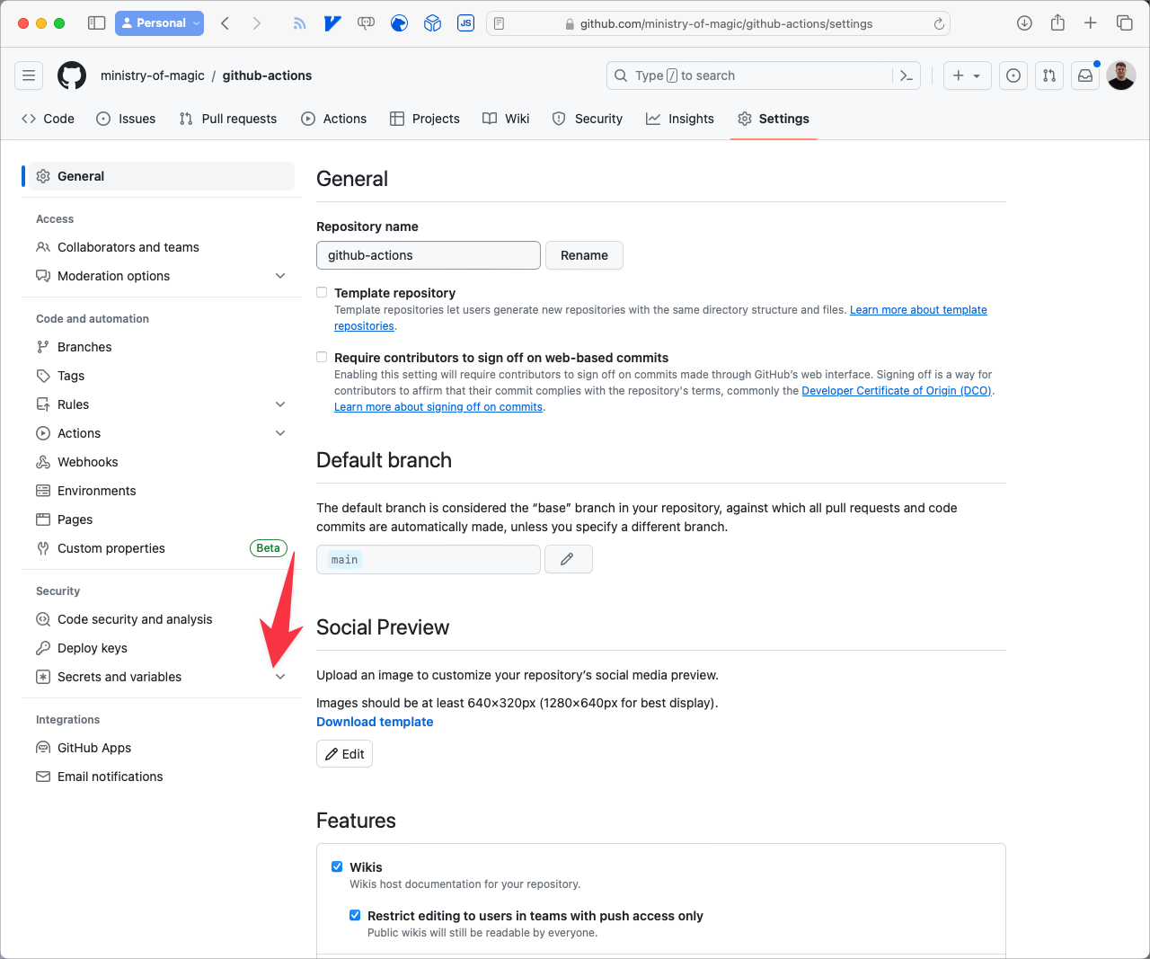 Navigate to Secrets & Variables in GitHub