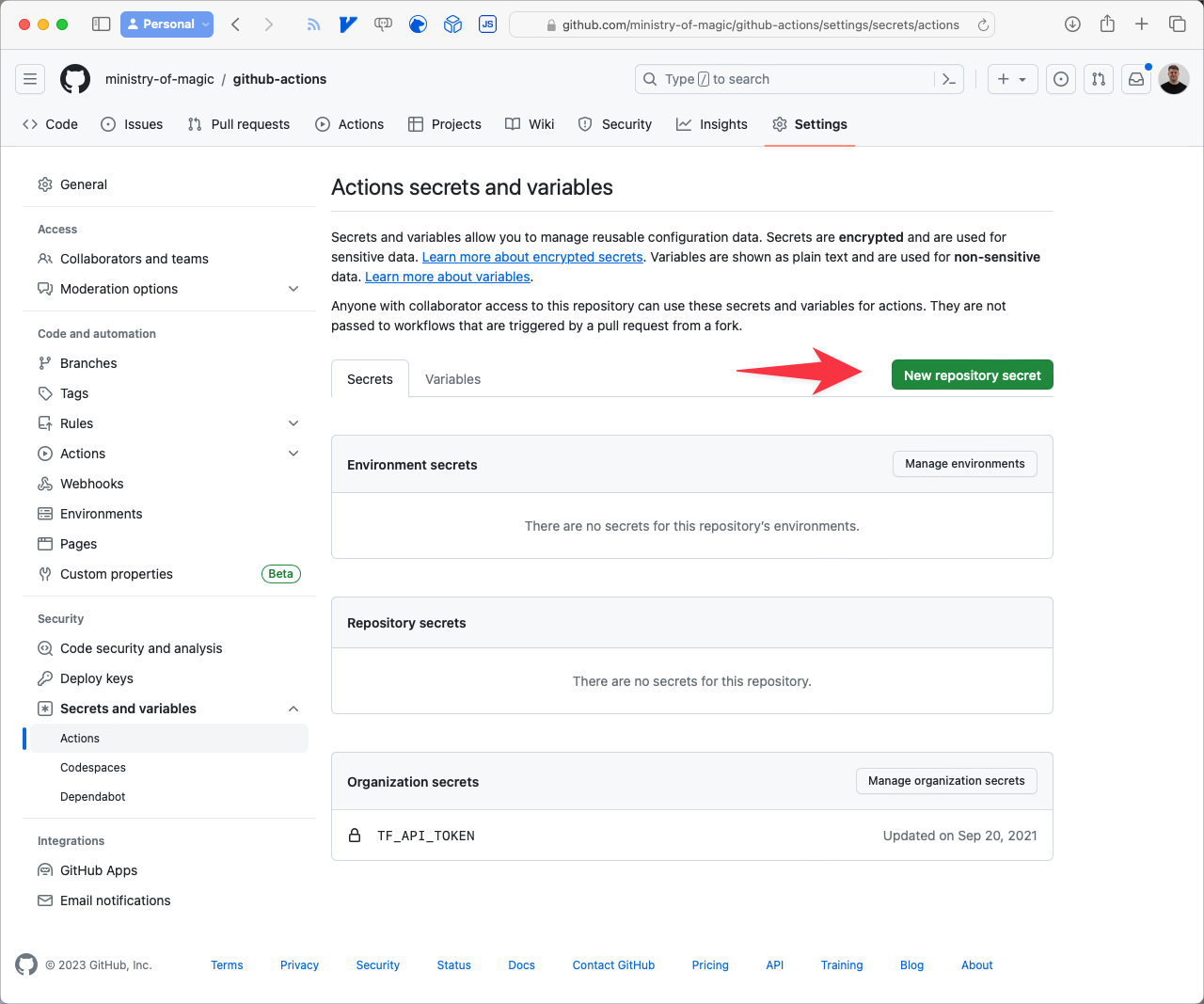 New Repository Secret in Github