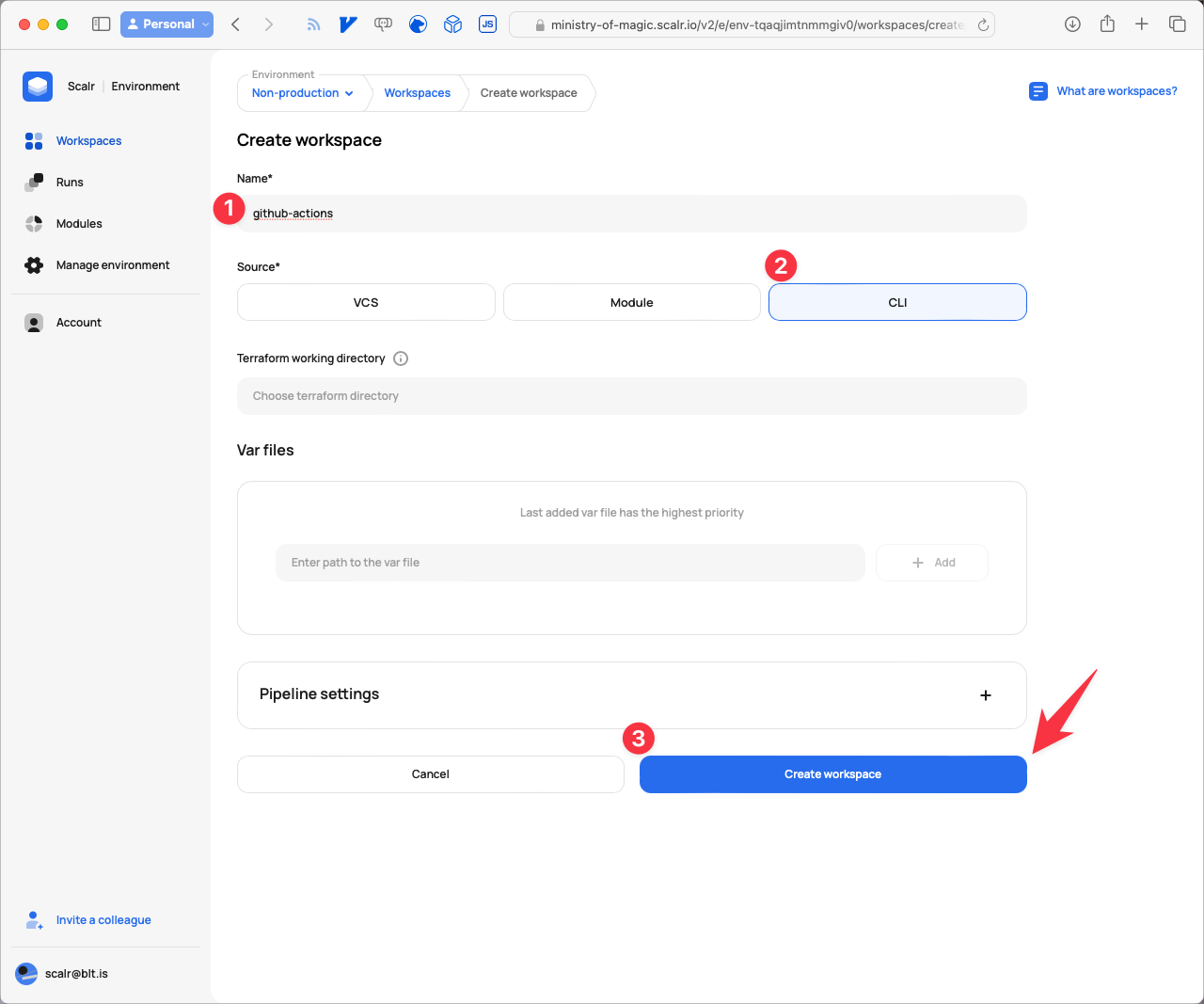 Creating a CLI workspace in Scalr