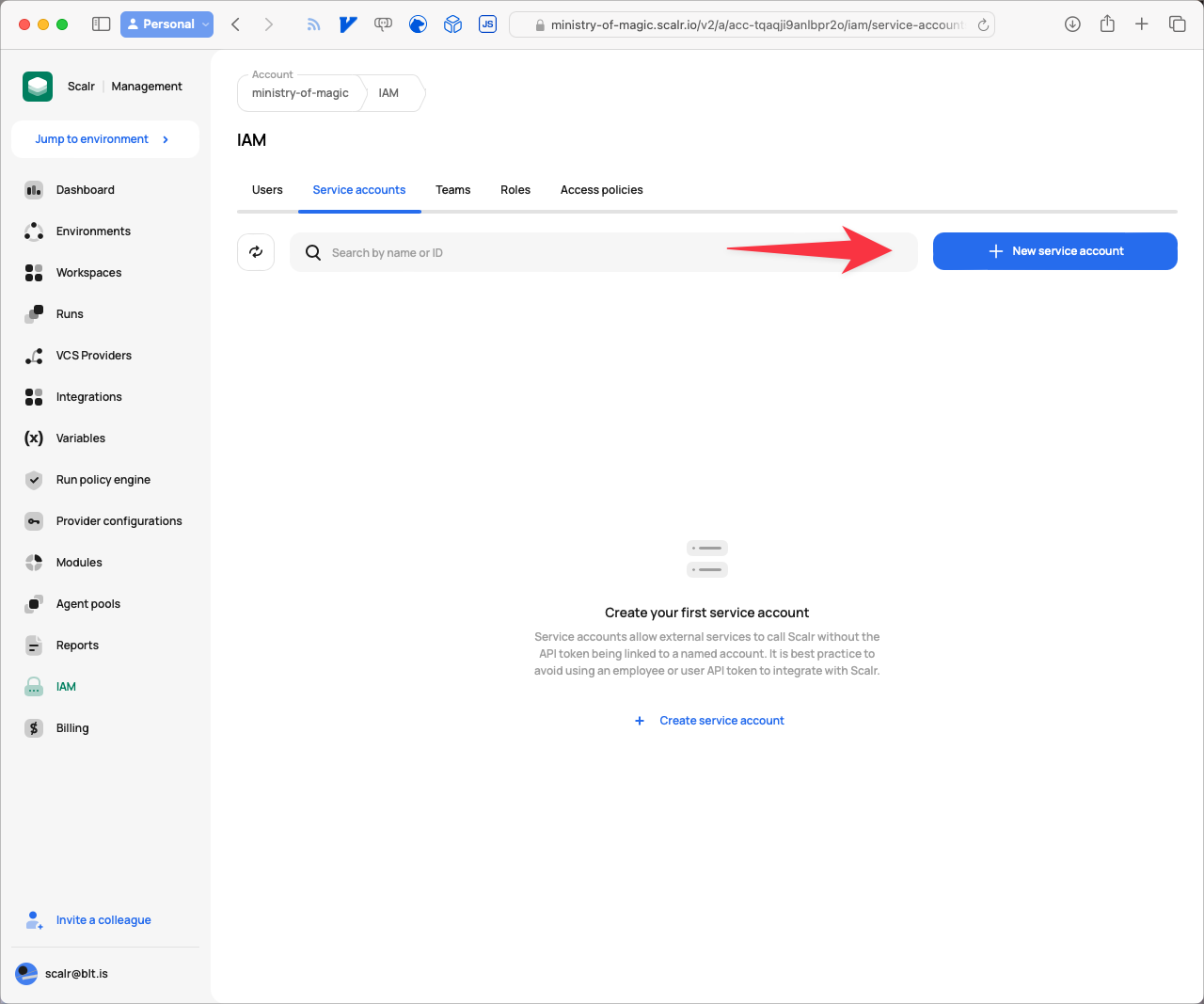 Creating a new service account in Scalr