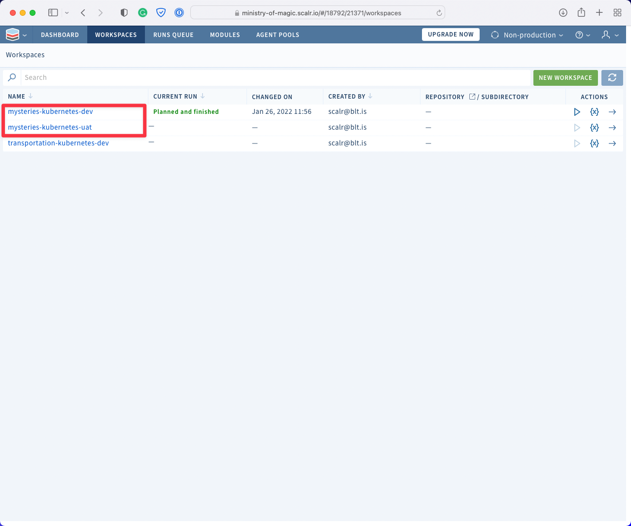 Scalr workspaces list highlighting workspaces matching the mysteries-kubernetes prefix