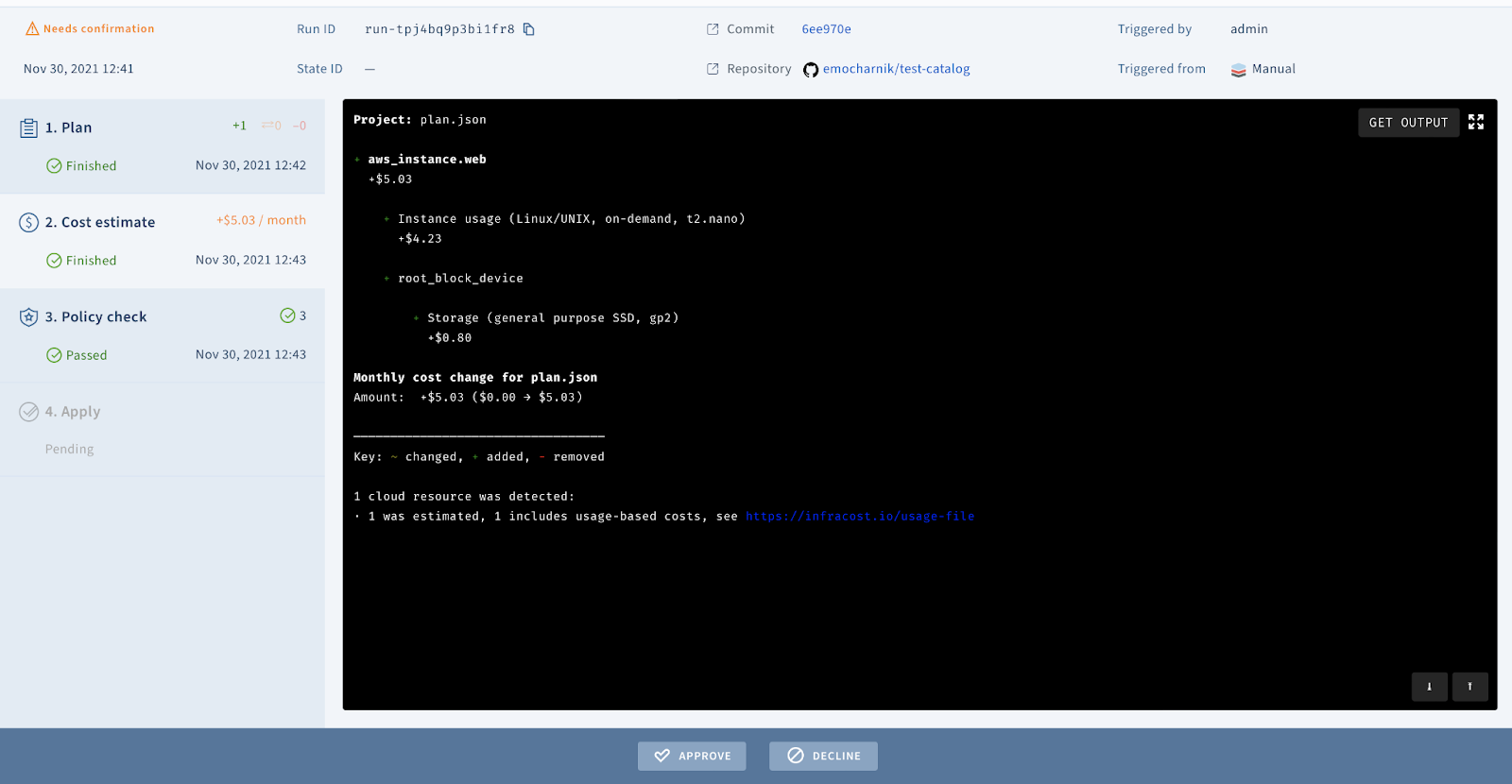 Screenshot demonstrating Infracost