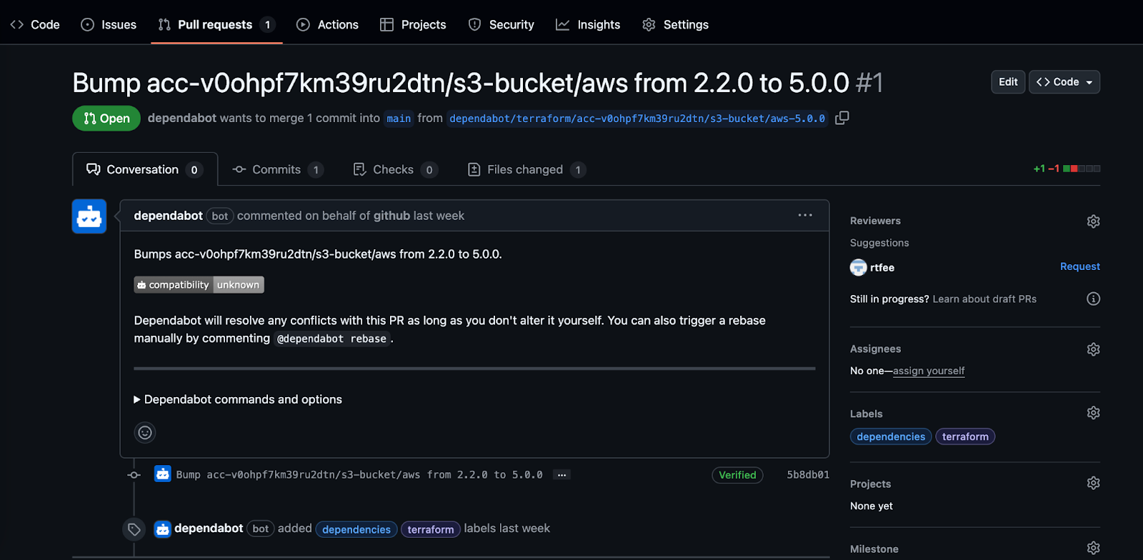 Dependabot pull request automatically created in GitHub when a new module version is released