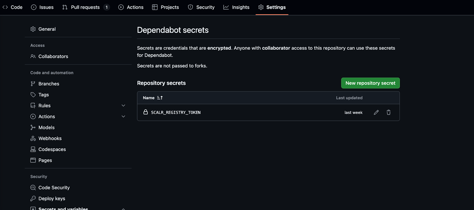 GitHub Dependabot secrets settings showing the SCALR_REGISTRY_TOKEN repository secret