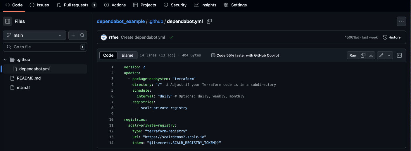 Example dependabot.yml configuration file with Terraform package-ecosystem and Scalr registry