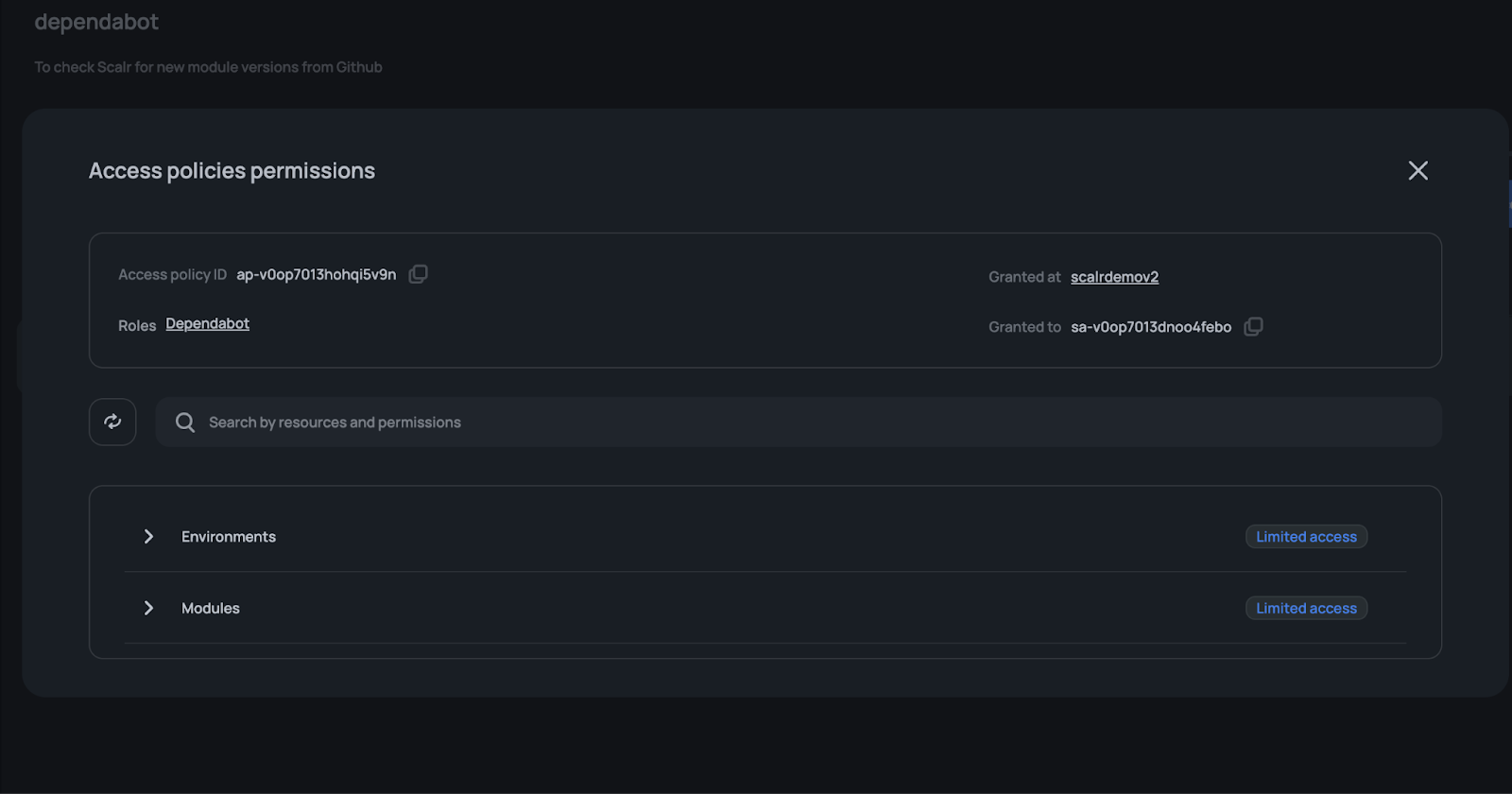 Scalr service account page with the Generate token button for creating an API access token