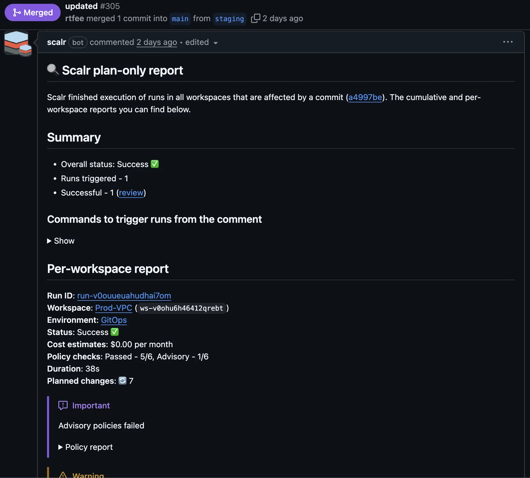 Scalr pull request comment in GitHub showing a detailed Terraform plan summary on a failed run