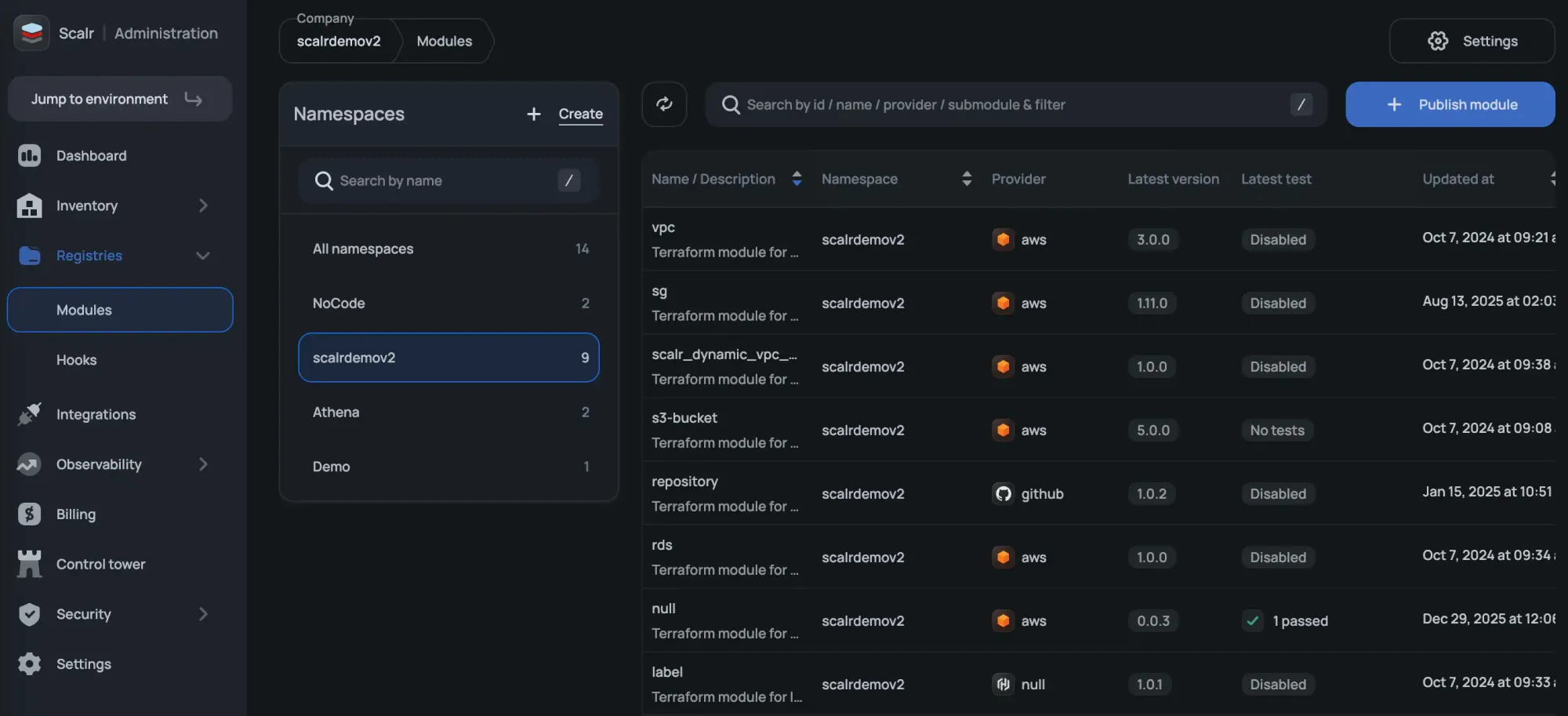 Scalr private module registry browser showing namespaces shared across environments