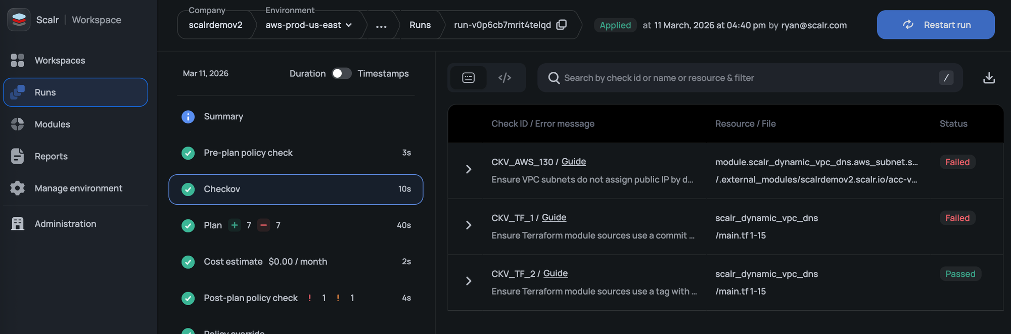 Scalr run pipeline with Checkov scanning Terraform code for vulnerabilities before plan