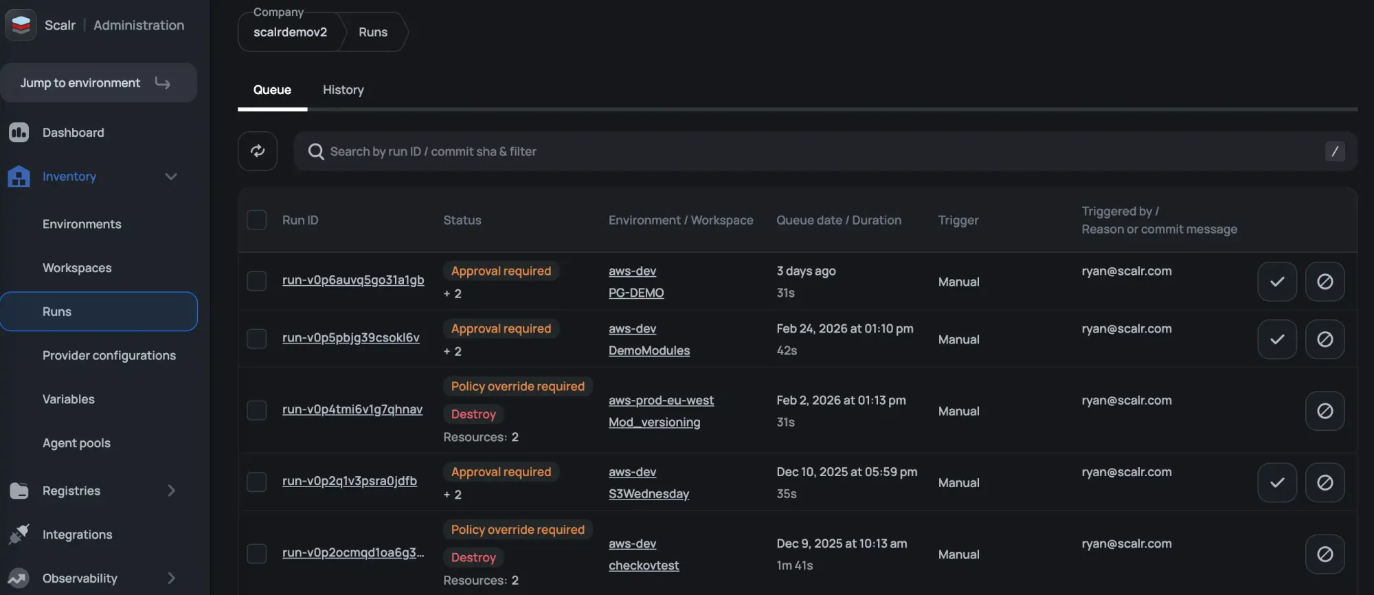 Scalr run dashboard listing Terraform runs across environments with queue, approval, and policy status