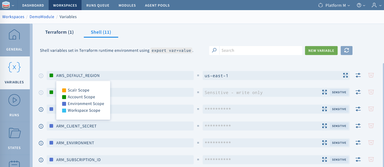 Variables in the workspace are automatically inherited from the account scope